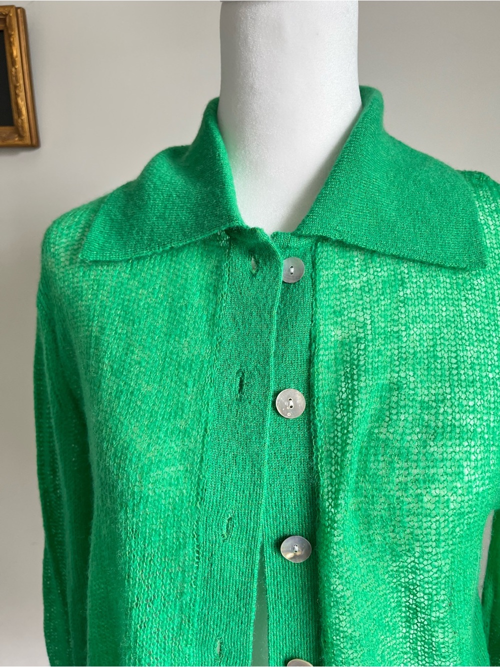 Zara Wool Blend Open Knit Mesh Button Cardigan Shirt Sz M Fall Polo Layering - Picture 4 of 8